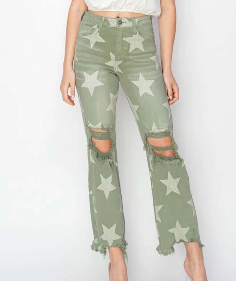 NWT -RISEN - High-Rise Flare Star Print Jeans - Olive green